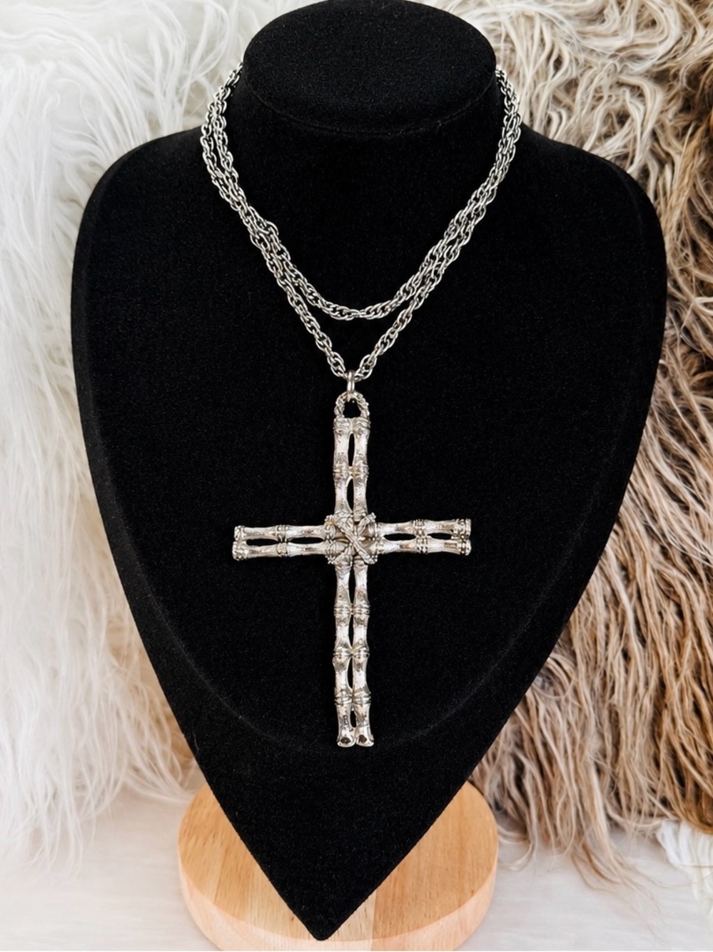 Vintage Oversized Bamboo Cross Pendant Long Silver Tone Rope Chain Necklace